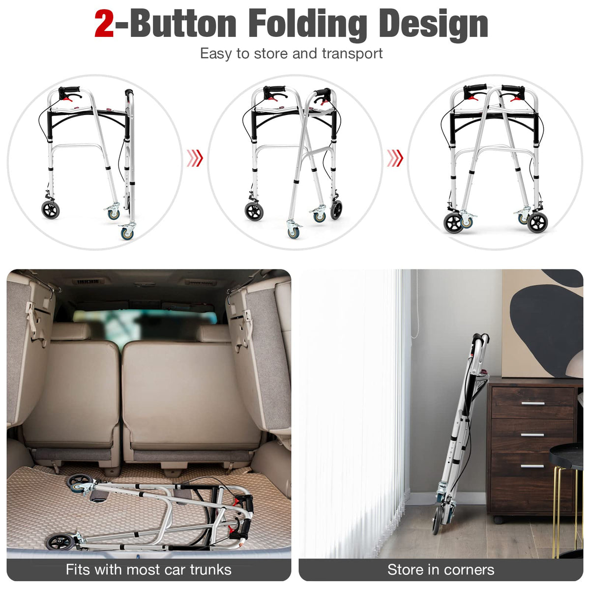 2-Button Folding Walker, Height Adjustable Walking Aid
