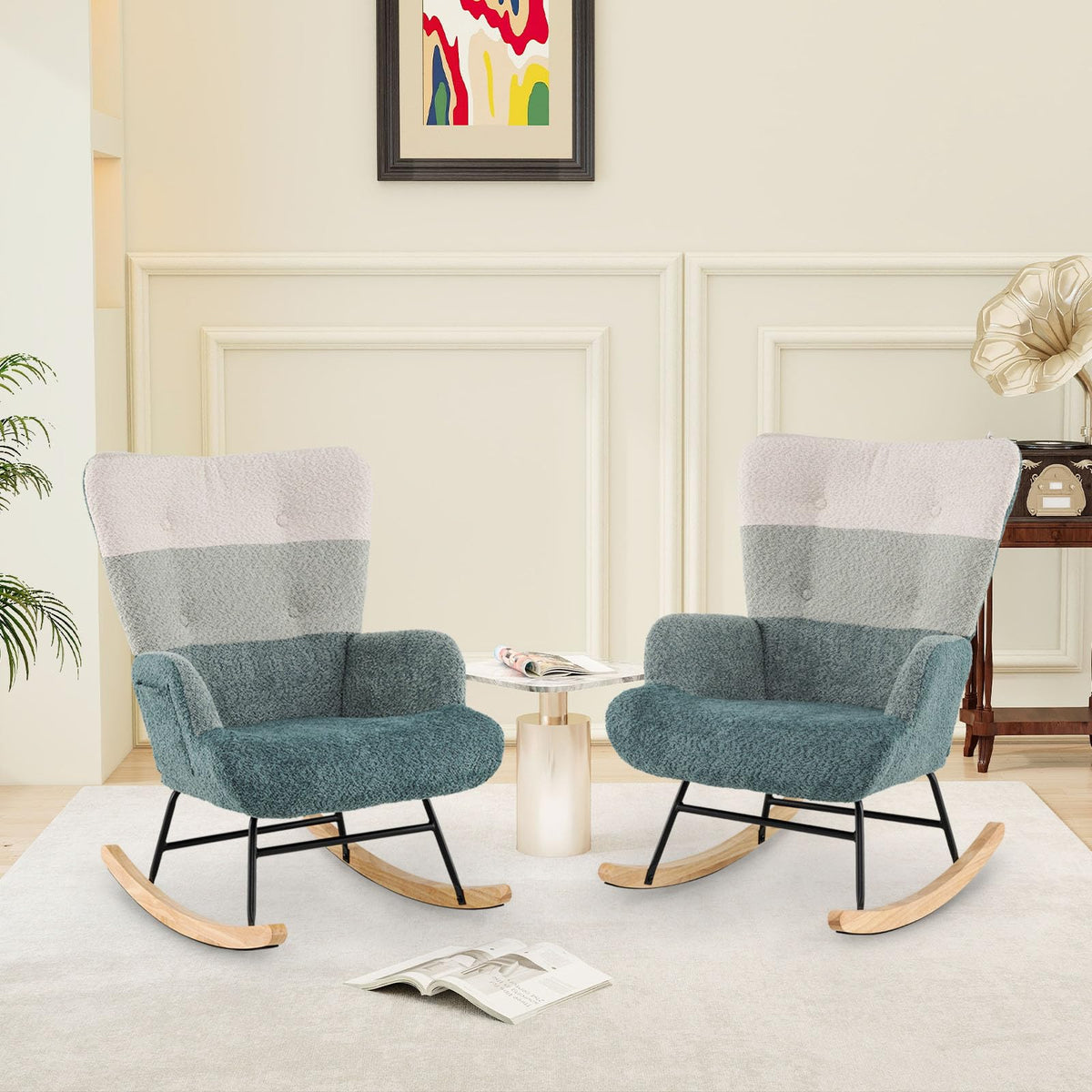 Nursery Rocking Chair with Boucle Fabric Ergonomic Armrests and High Back