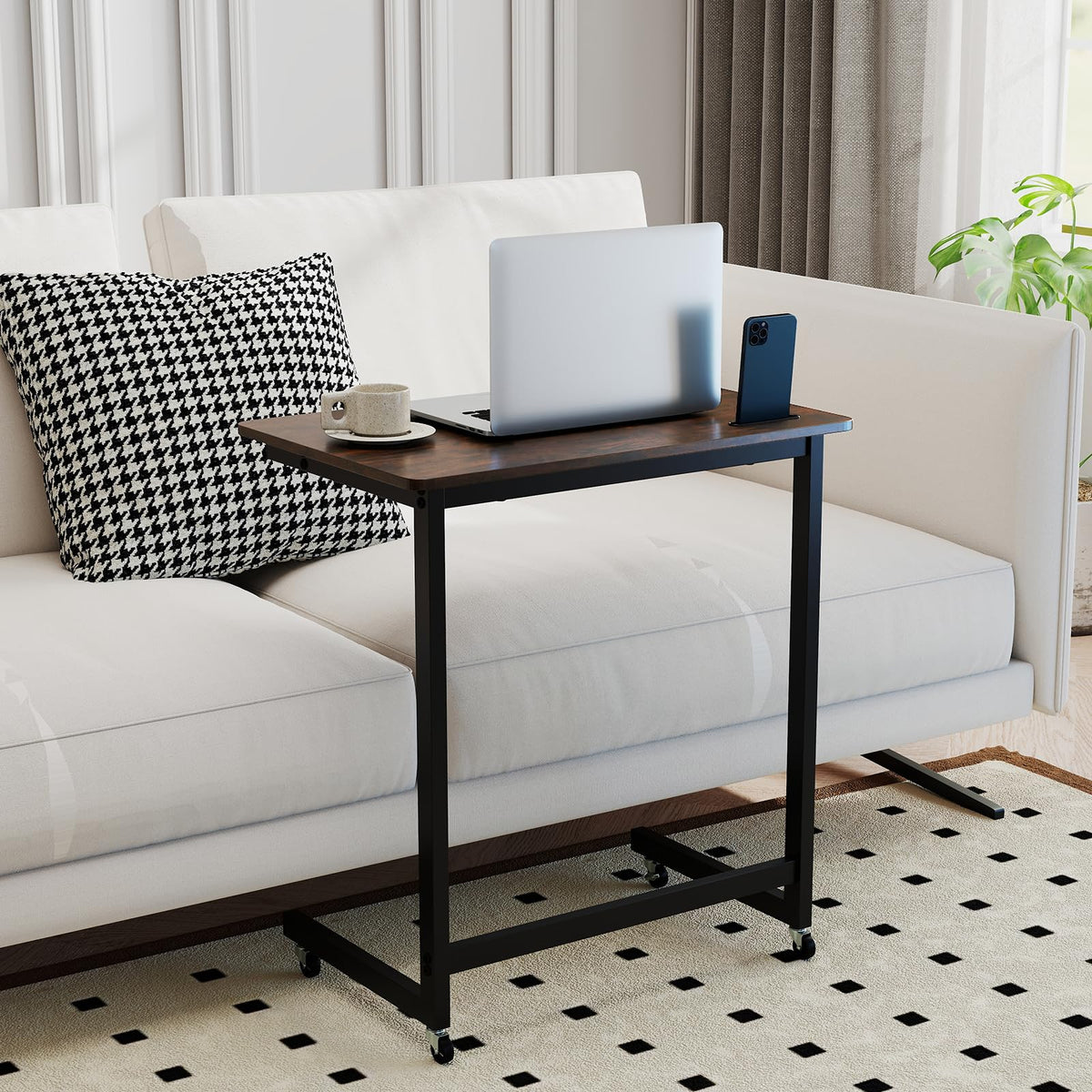 C-shaped End Table with Built-in Phone Slot and Low Profile Base Slide for Living Room Bedroom