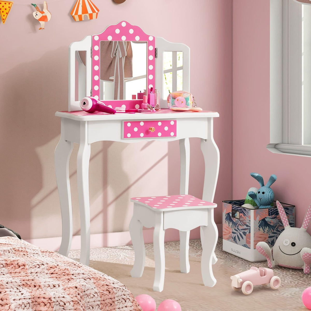 Kids Vanity Set with Tri-folding Mirror, Drawer and Stool