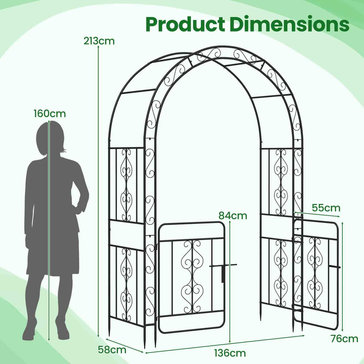 Garden Arbor with Gate, Garden Trellis Pergola w/Multiple Side Crossbars for Decoration