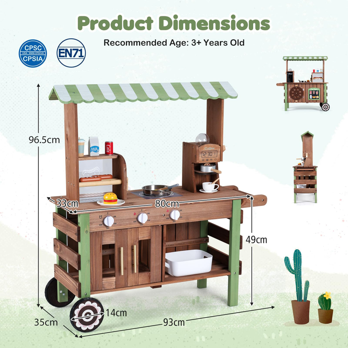 Pretend Play Market Food Cart with Ovens and Shelves for Boys and Girls