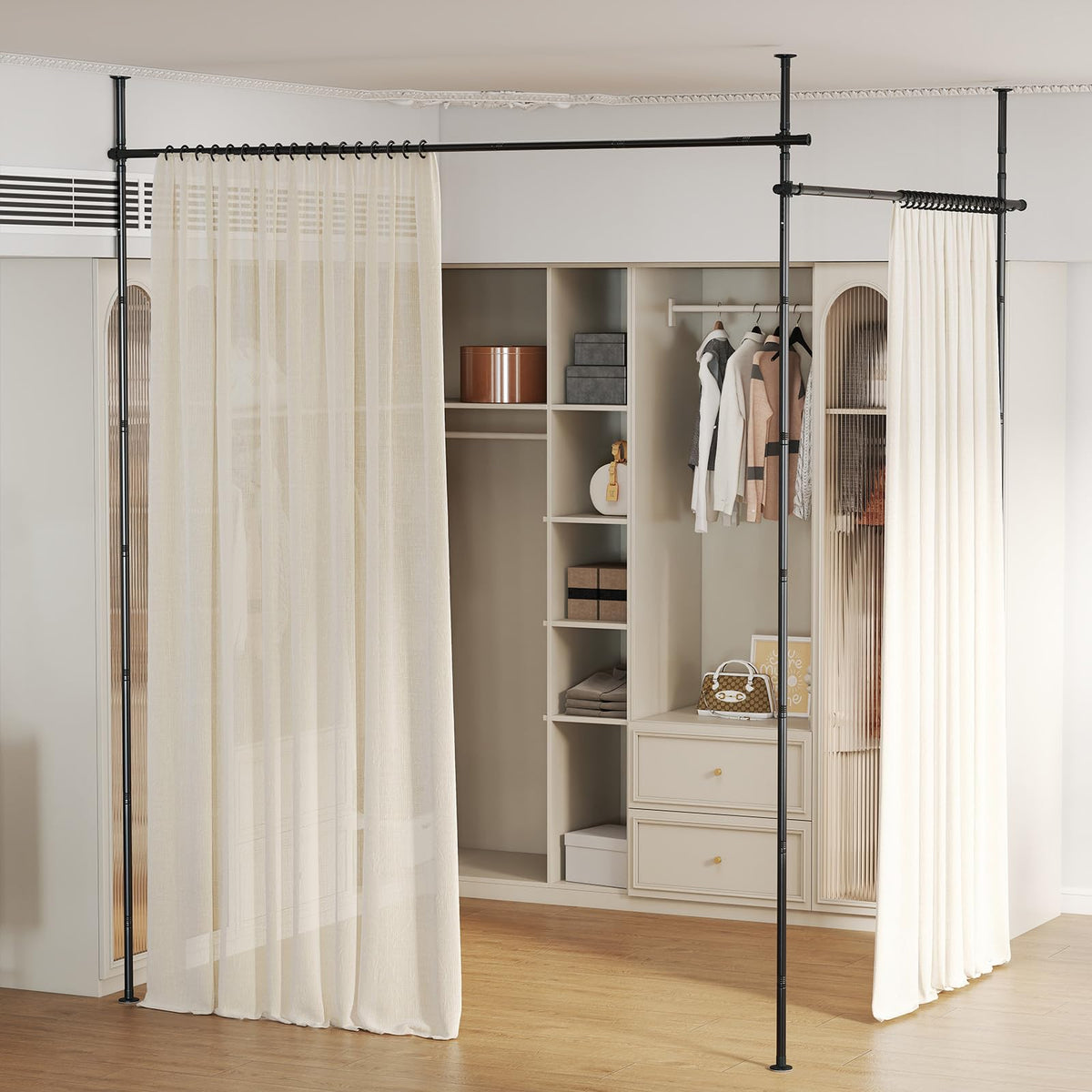 Room Divider Curtain Rod with Adjustable Floor for Apartment and Bedroom