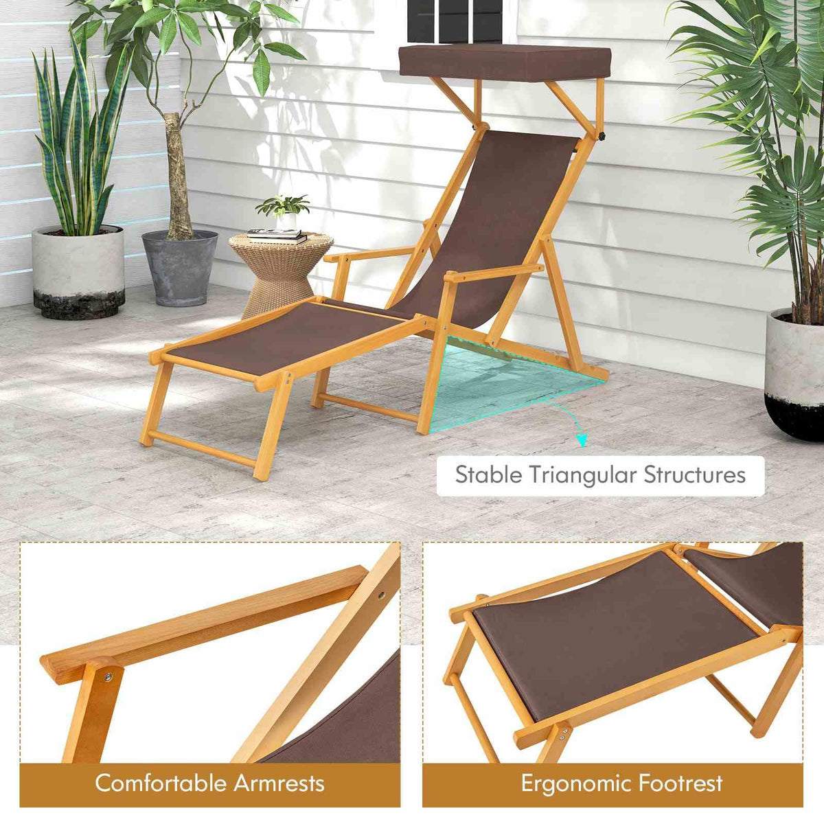 Birch Wood Chaise Lounge Chair with Adjustable Canopy and Reclining Backrest