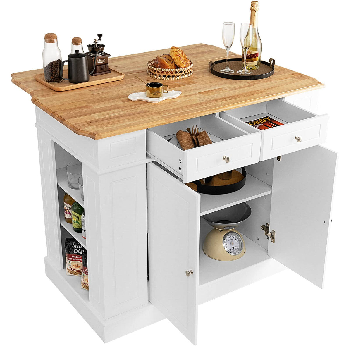 Giantex Kitchen Island with Storage, Kitchen Island Table with Drop Leaf Rubber Wood Countertop, Drawers