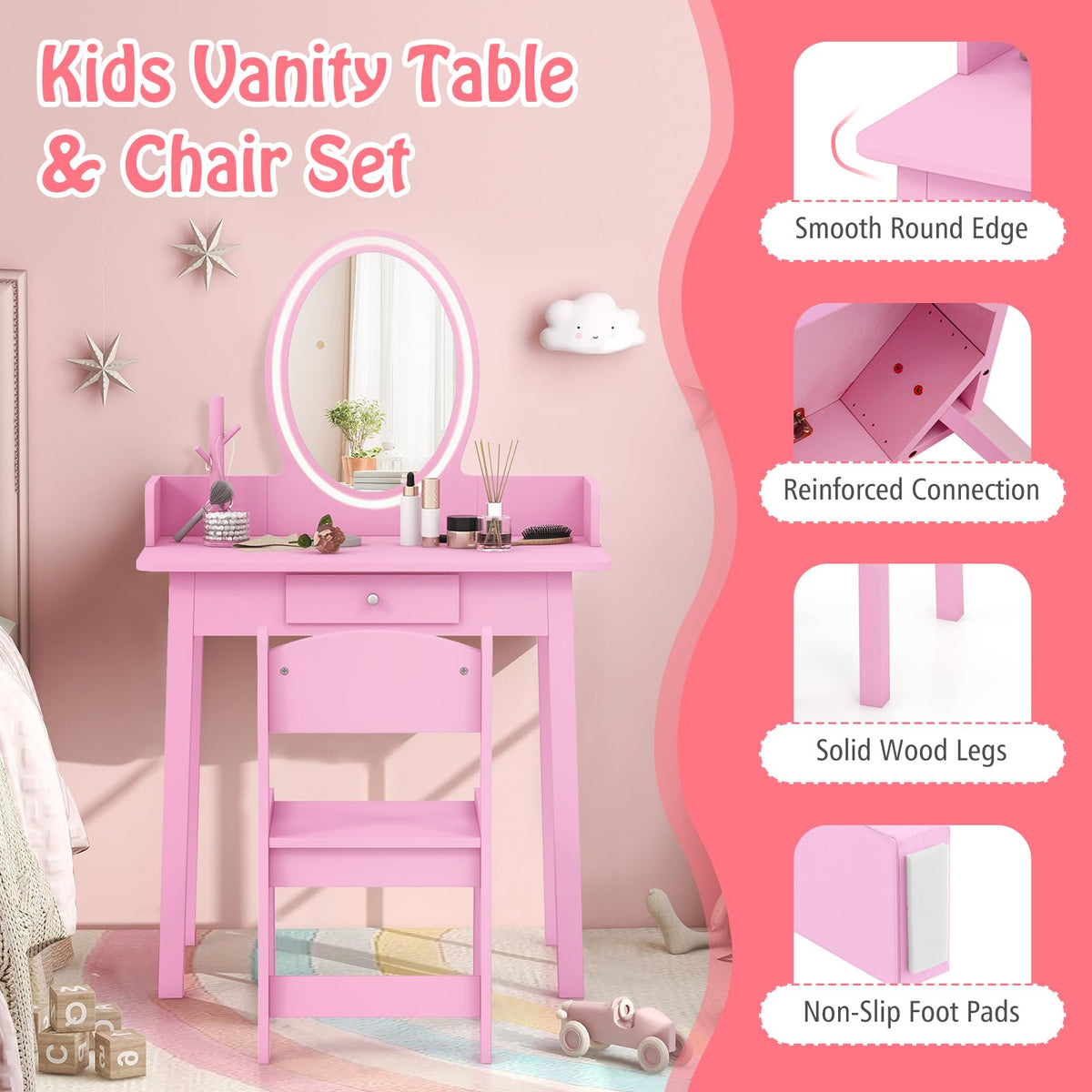 Wooden Kids Vanity Set w/Lighted Mirror