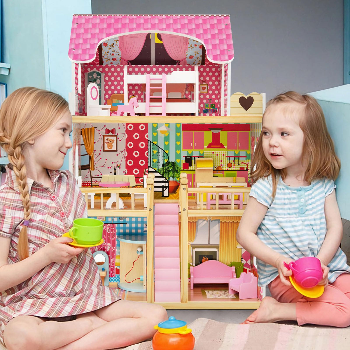 Toddler Fully Furnished Playhouse with 3 Stories for Kids