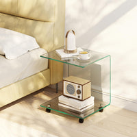 C-Shaped End Table, Modern Tempered Glass Side Table with 2-Tier Shelf
