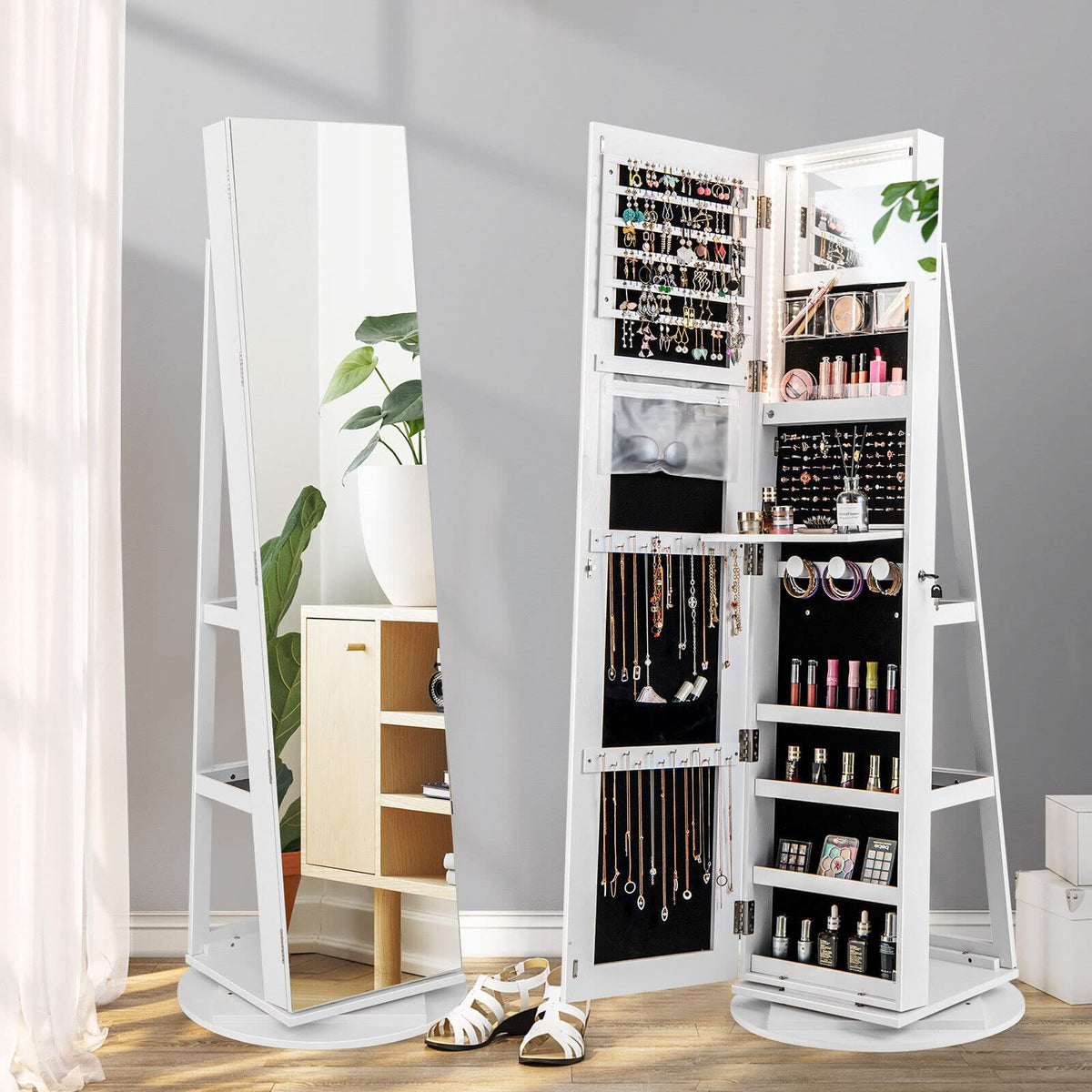 Giantex 161CM(H) Jewelry Armoire with Full Length Mirror 360° Swivel, 3-Color LED lights, White