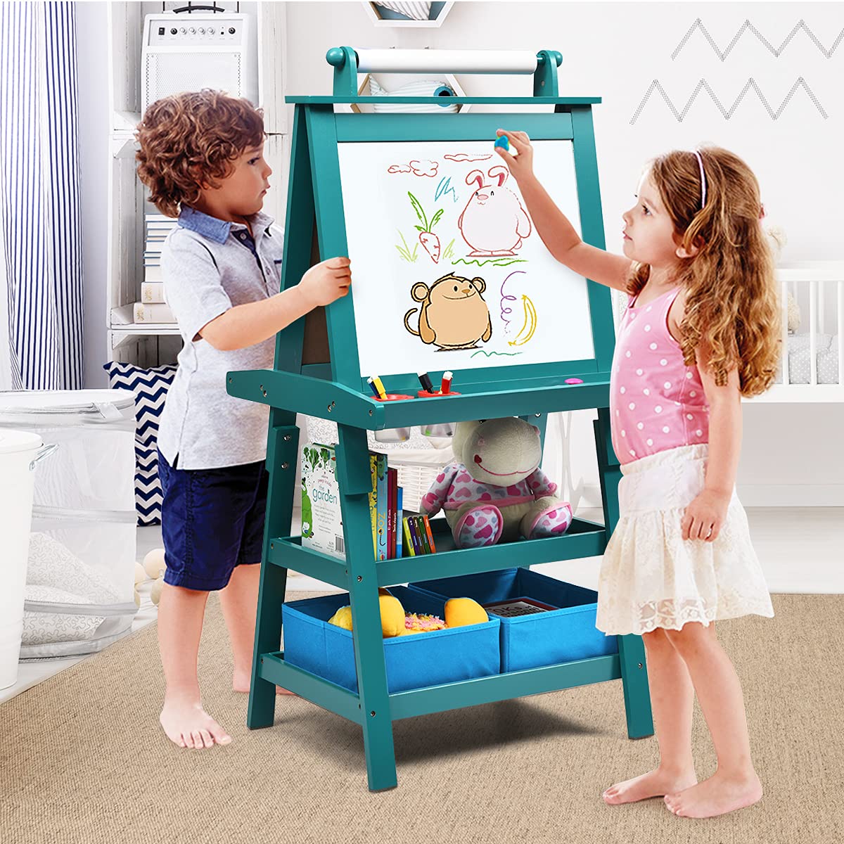 Kids Art Easel, 3 in 1 Double-Sided Standing Easel for Toddlers w/Chalkboard