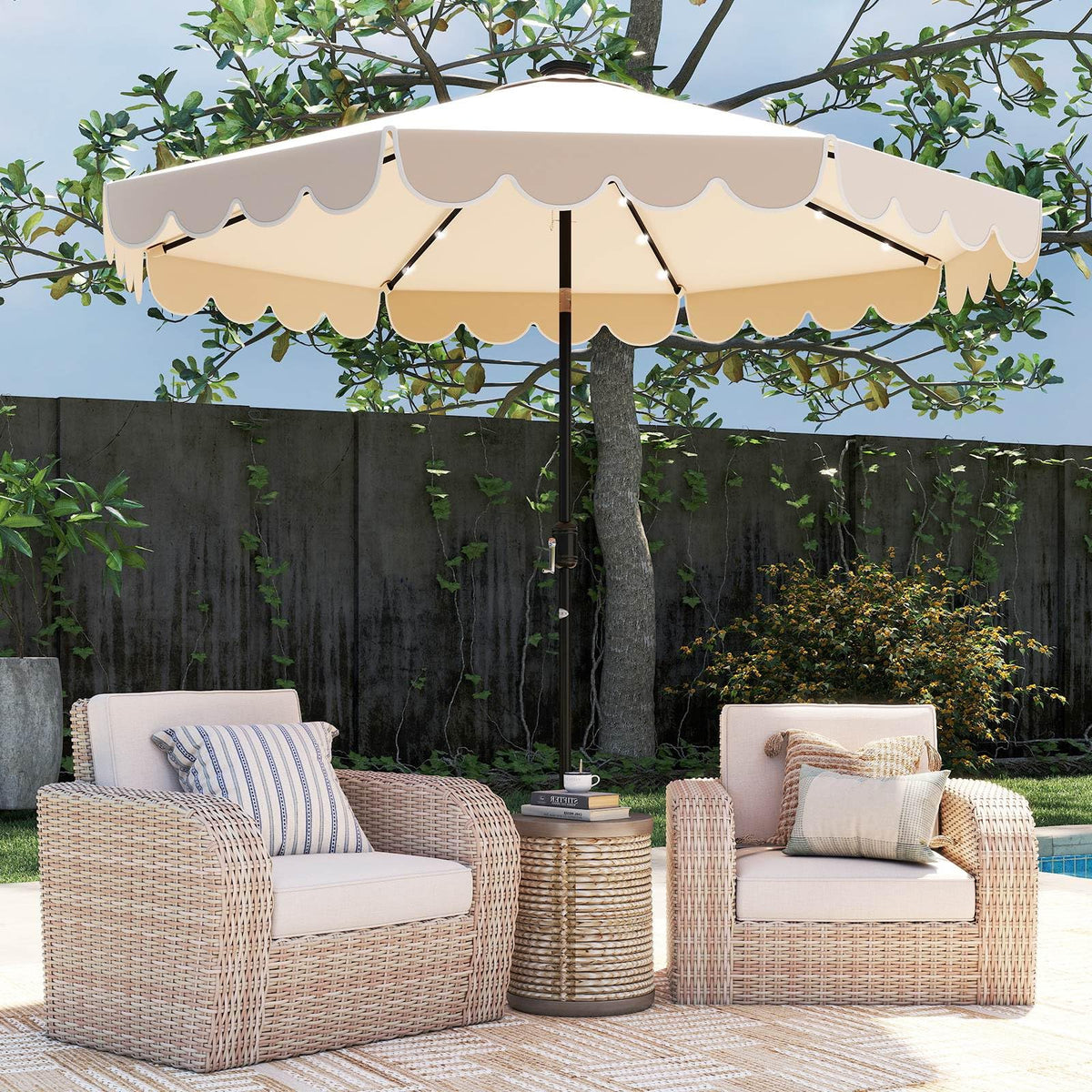 3m Solar Patio Umbrella with 24 LED Lights Vented Top and Ruffles