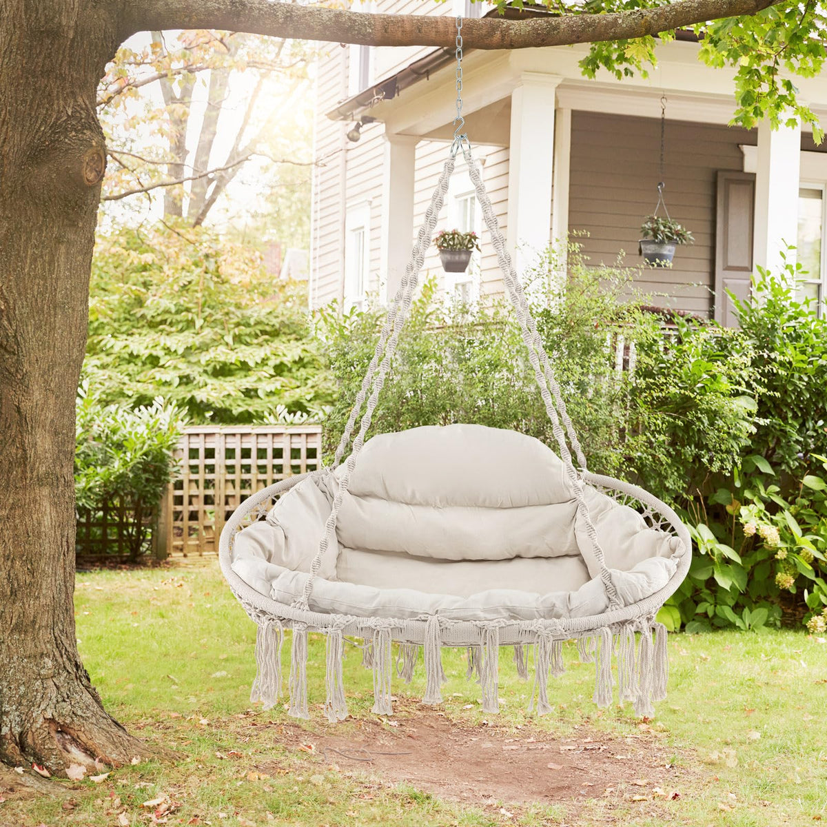 Hand-Woven Rope Hanging Swing Chair with Thick Cushion and Folding Metal Frame