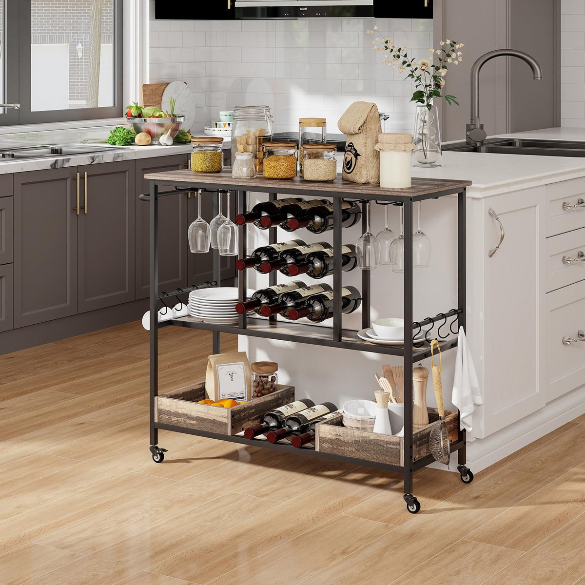 3-Tier Bar Cart Serving Cart on Wheels Industrial Rolling Beverage Cart Kitchen