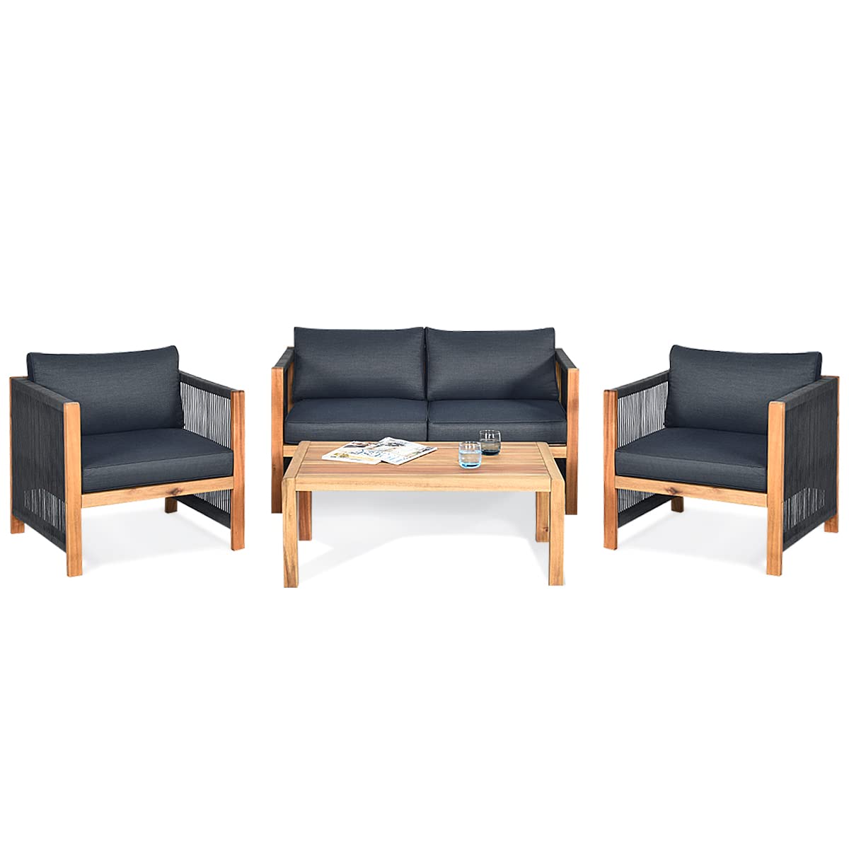 4 Pieces Acacia Wood Patio Conversation Set with Armrest
