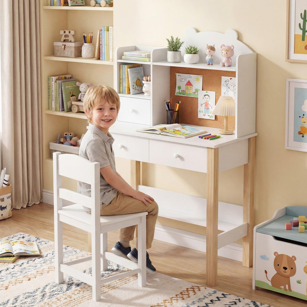 Kids Desk and Chair Set, Wooden Children Study Table with Storage Hutch