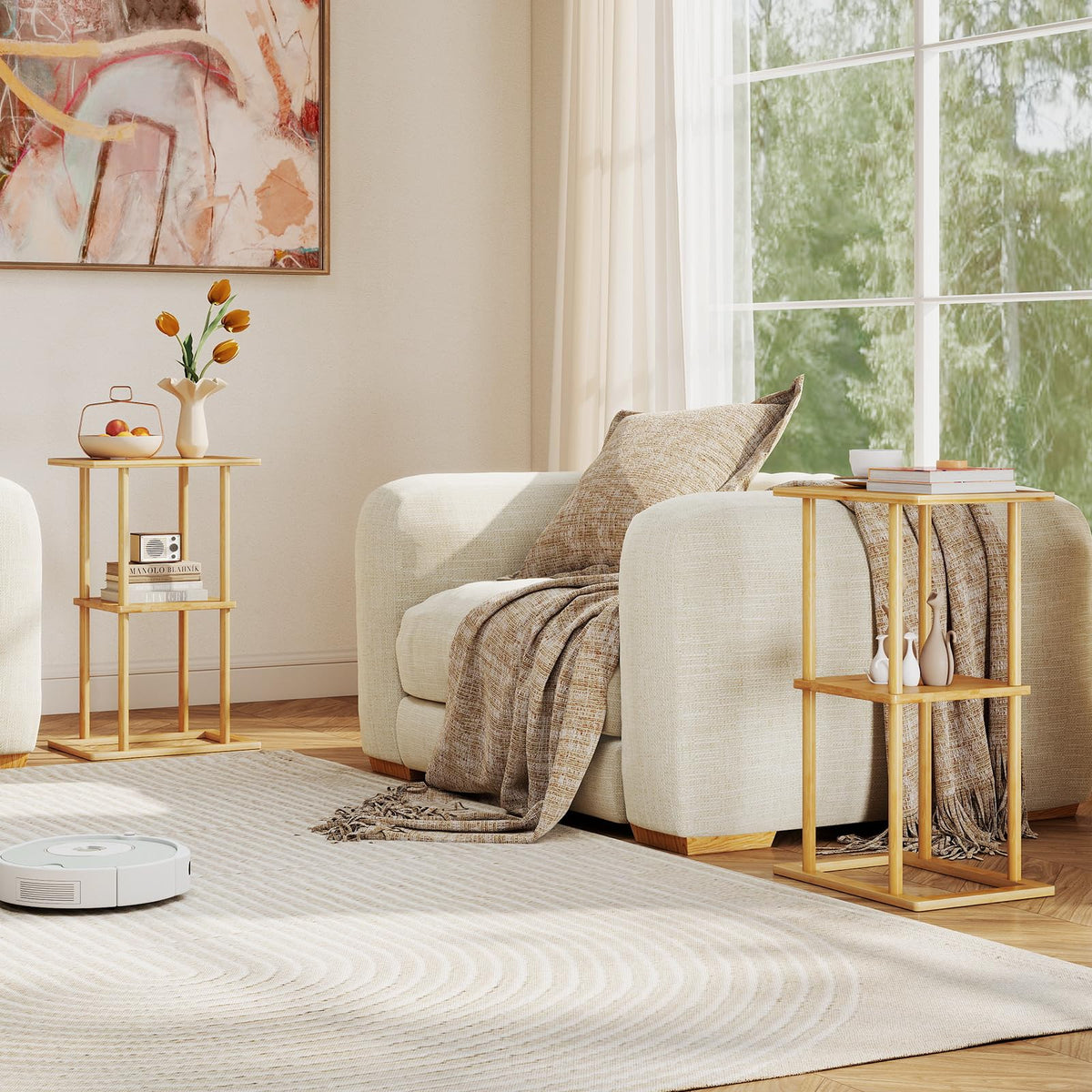 2 Pieces Side Table with Storage Shelves and Bamboo Construction for Living Room