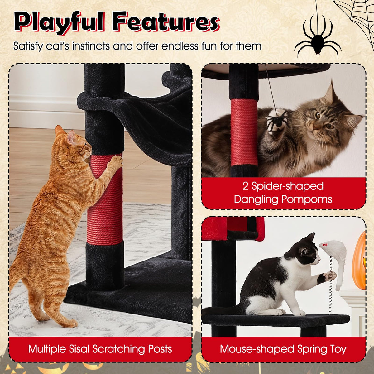 190cm Gothic Cat Tree for Indoor Cats with 2 Plush Perches and 2 Condos for Black Halloween
