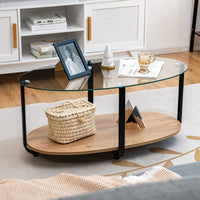 Giantex 2-Tier Coffee Table, Oval Modern Side Table with Tempered Glass Tabletop & Wooden Shelf