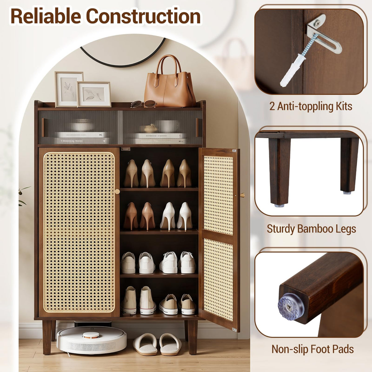 Bamboo Shoe Cabinet with Woven Rattan Doors for Entryway