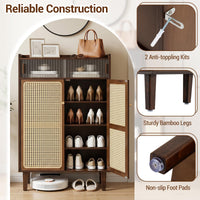 Bamboo Shoe Cabinet with Woven Rattan Doors for Entryway