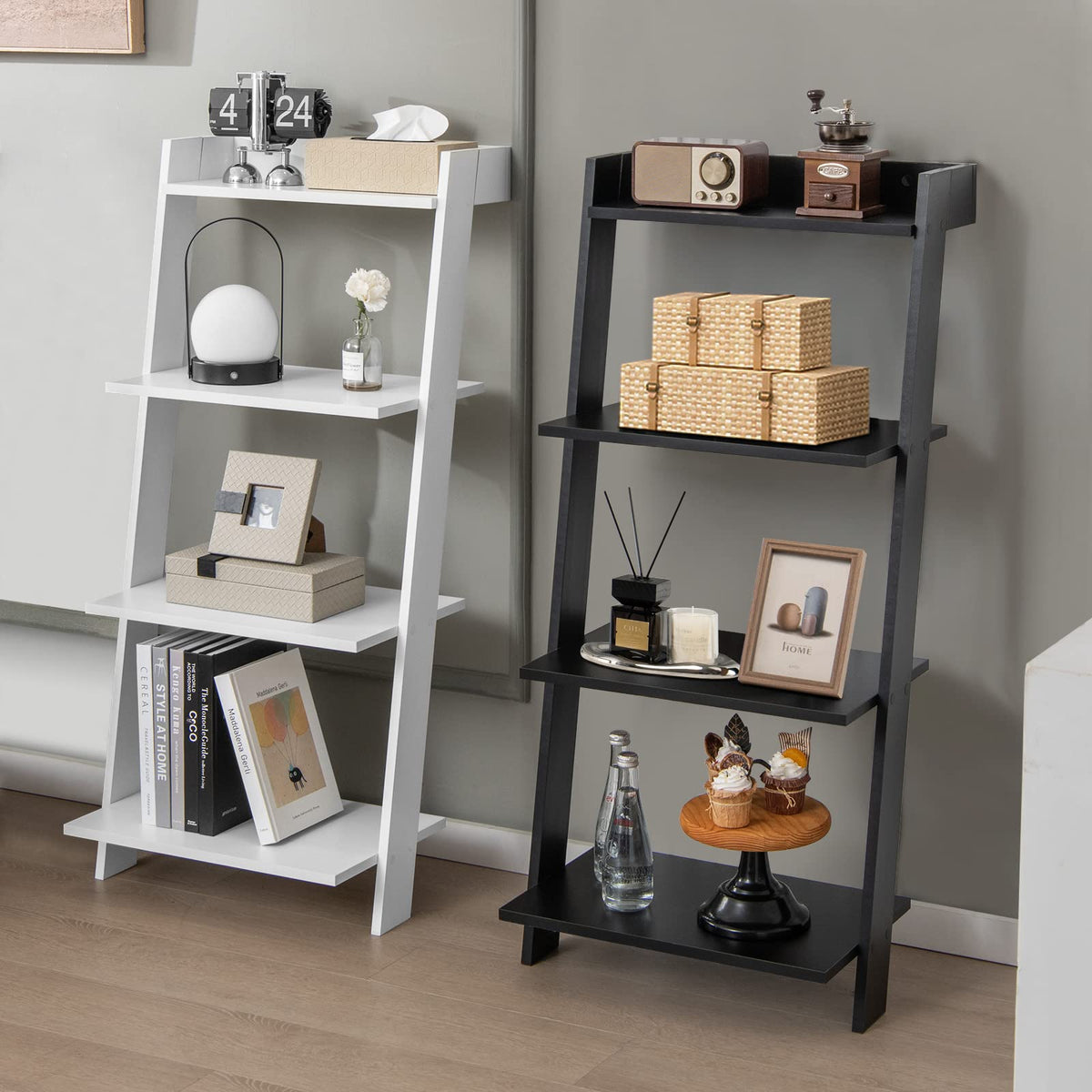 Giantex 4-Tier Ladder Shelf, Wall Leaning Wood Bookshelf with Anti-toppling Device