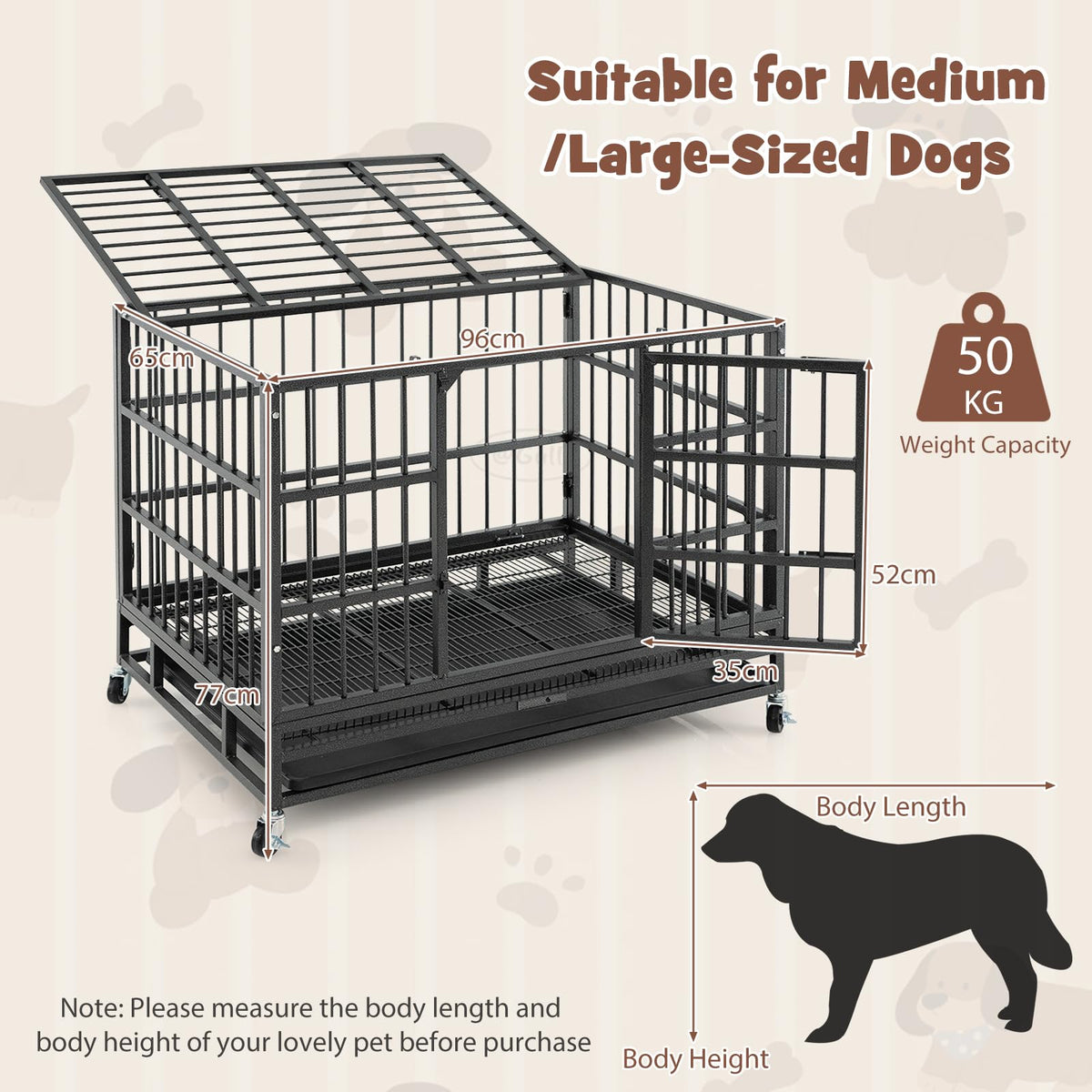 96CM/120CM Foldable Heavy-Duty Metal Dog Cage W/Lockable Rolling Casters, Removable Tray, 2 Lockable Doors