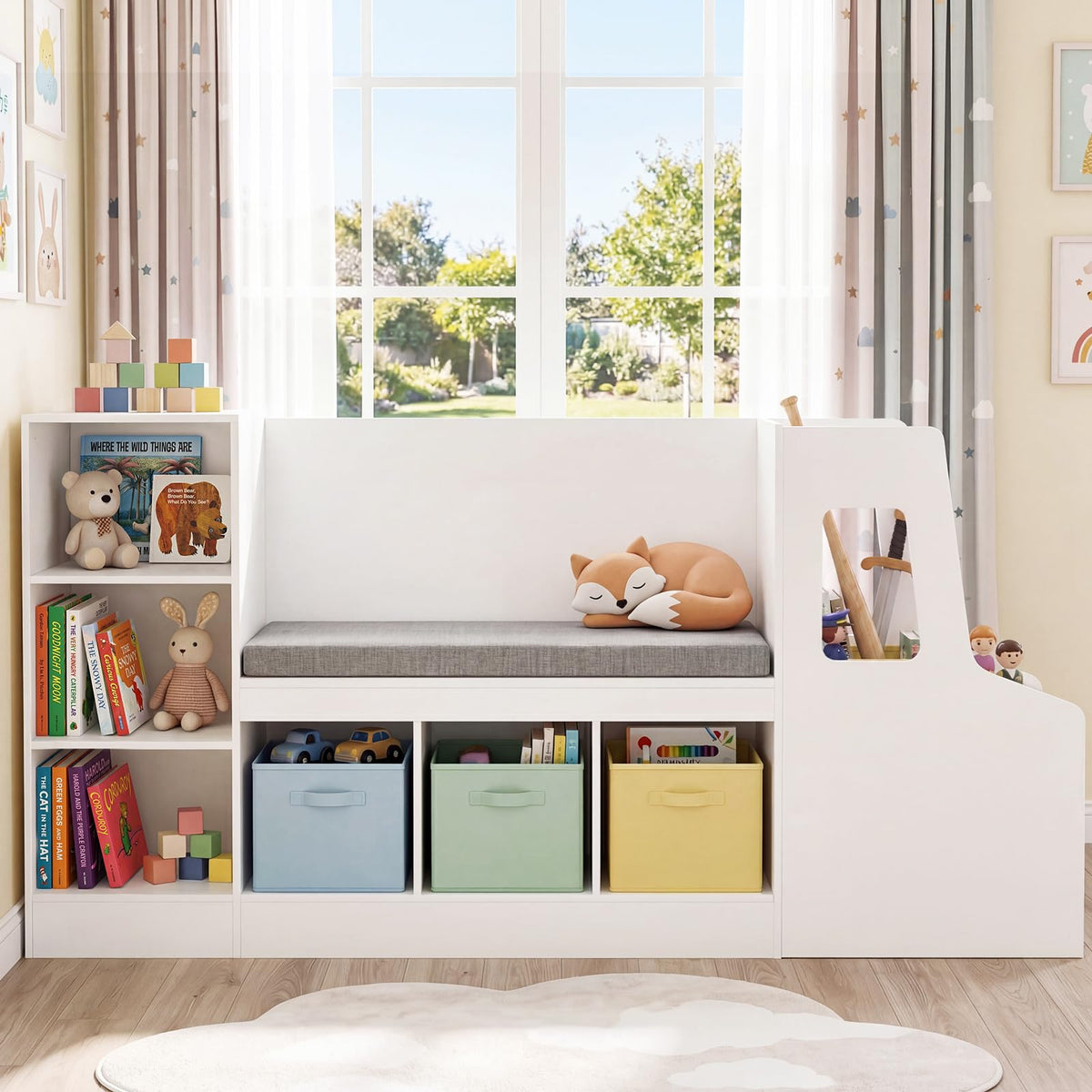 Car-Shaped Kids Bookshelf with Reading Nook, Kids Bookcase w/6 Compartments
