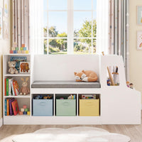 Car-Shaped Kids Bookshelf with Reading Nook, Kids Bookcase w/6 Compartments