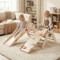 Foldable Panda-Themed Wood Montessori Climbing Set, Indoor Children Playground Jungle Gym