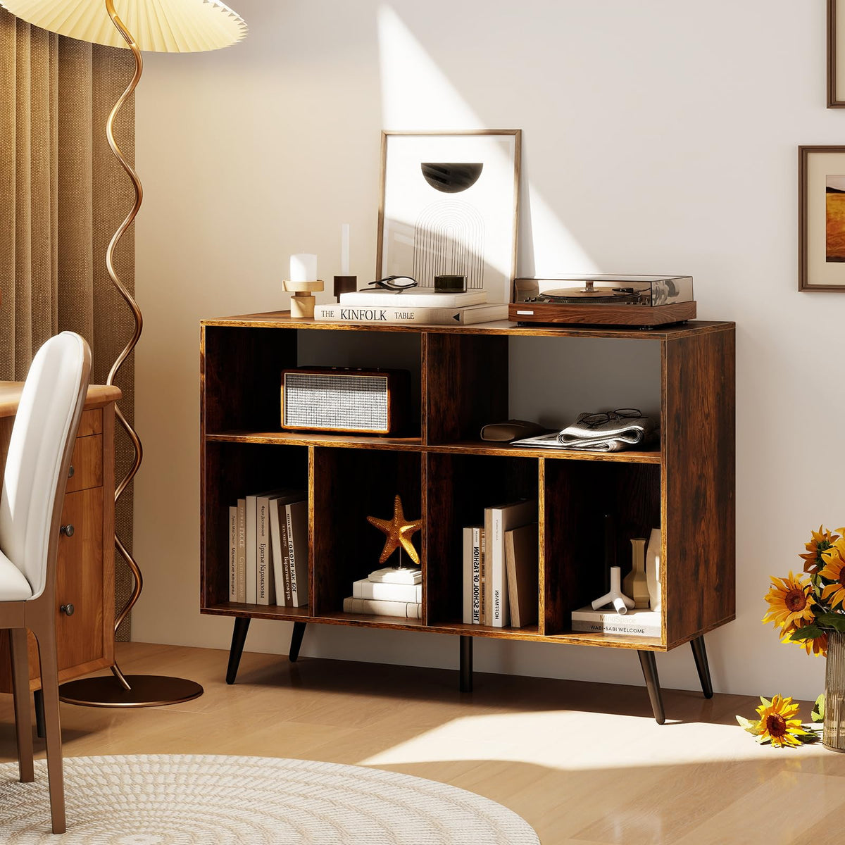 3-Tier Record Player Stand with Vinyl Storage Shelves and 5 Metal Legs for Living Room