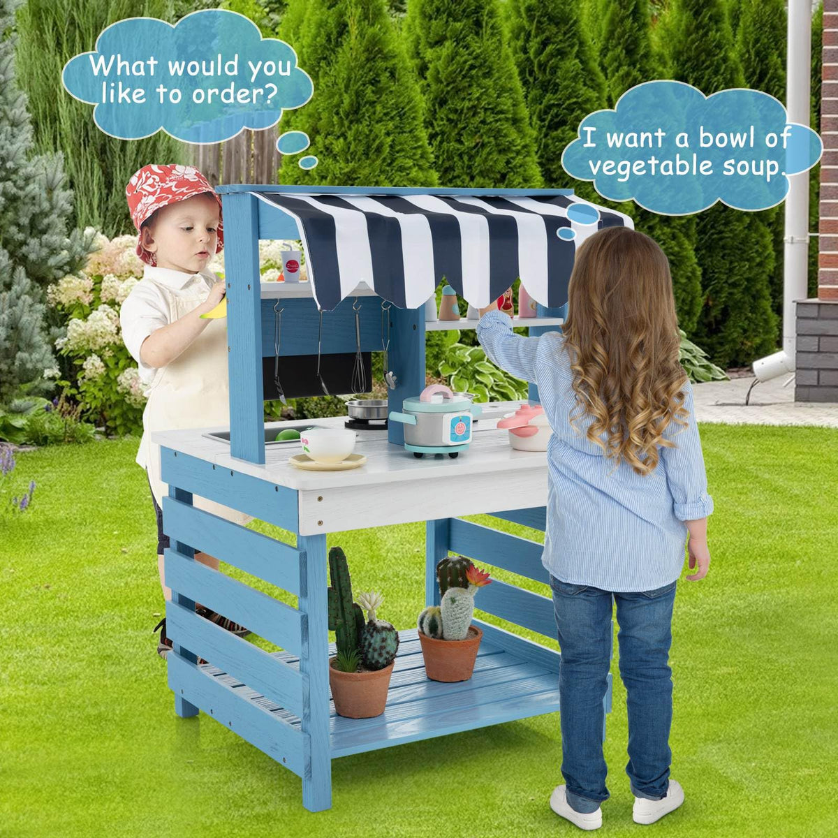 2-In-1 Wooden Mud Kitchen Double-Sided Kids Kitchen Playset with Canopy