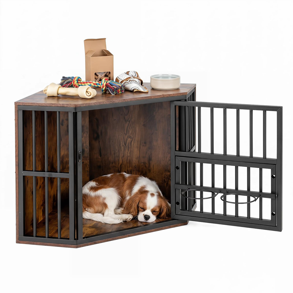 Corner Dog Crate 2-in-1 Kennel and TV Stand with Adjustable Dog Bowl Rack