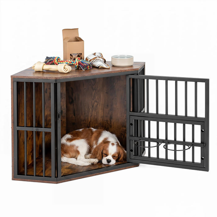 Corner Dog Crate 2-in-1 Kennel and TV Stand with Adjustable Dog Bowl Rack