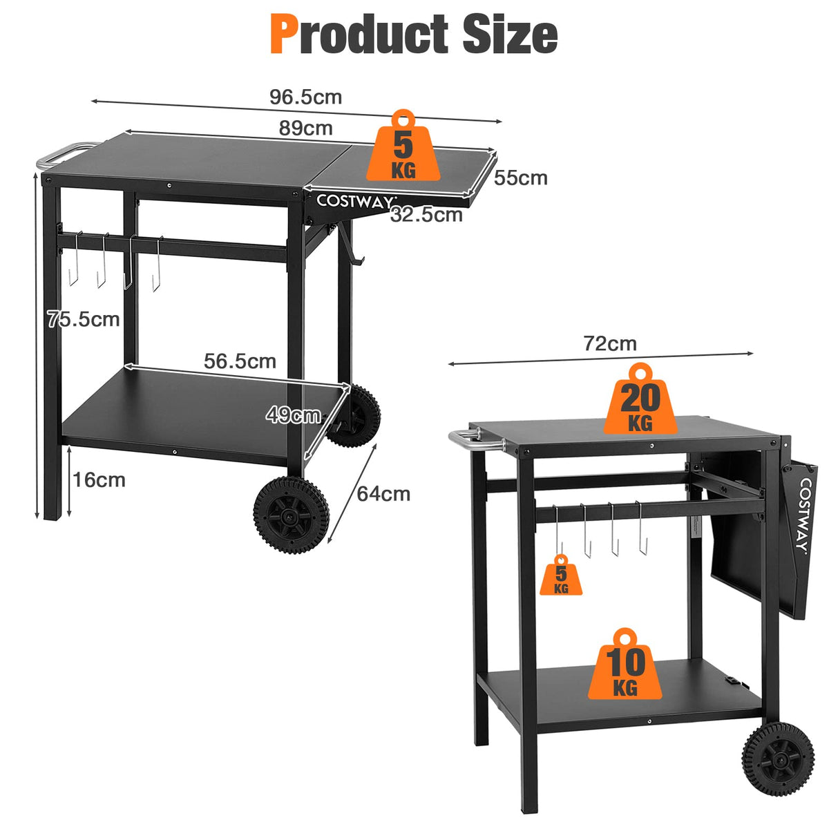 Movable Dining Cart Table, Double-Shelf Trolley with Folding Tabletop