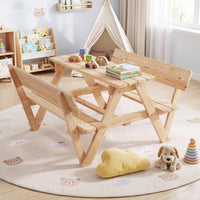 Kids Picnic Table, Toddlers' Outdoor Table w/ 2 Built-in Benches
