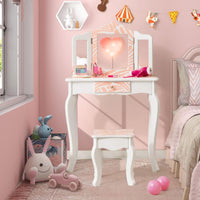Kids Vanity Set with Tri-folding Mirror, Drawer and Stool