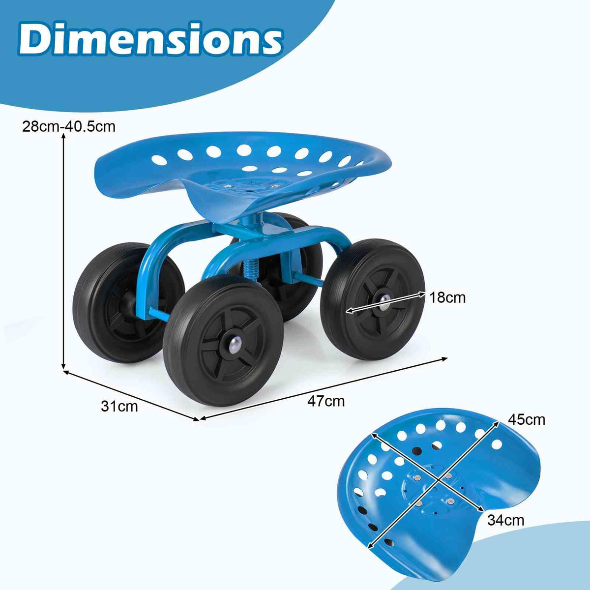 Garden Cart with Seat, Heavy-Duty Rolling Outdoor Wagon Scooter w/Height Adjustable & 360° Swivel Seat