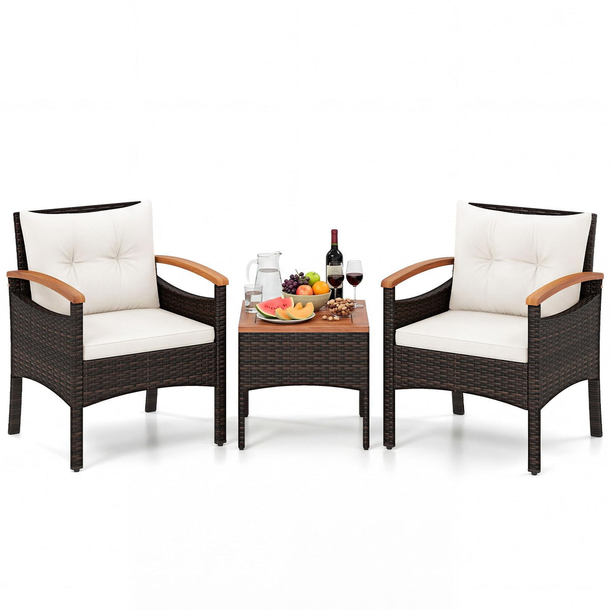 3-Piece Wicker Bistro Set with Acacia Table & Armchairs and Cushions for Backyard
