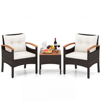 3-Piece Wicker Bistro Set with Acacia Table & Armchairs and Cushions for Backyard