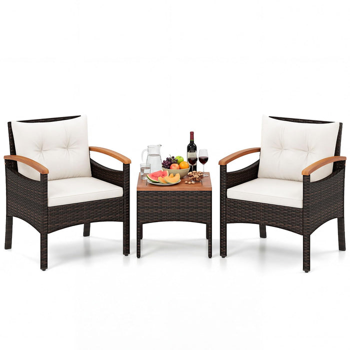 3-Piece Wicker Bistro Set with Acacia Table & Armchairs and Cushions for Backyard