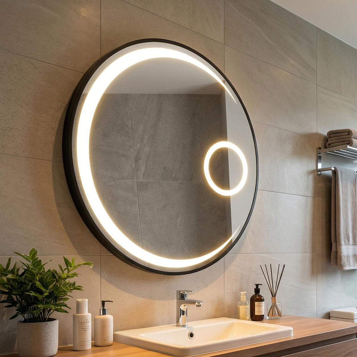 61 cm Round LED Bathroom Mirror with Anti-Fog Function and 3 Light Colors