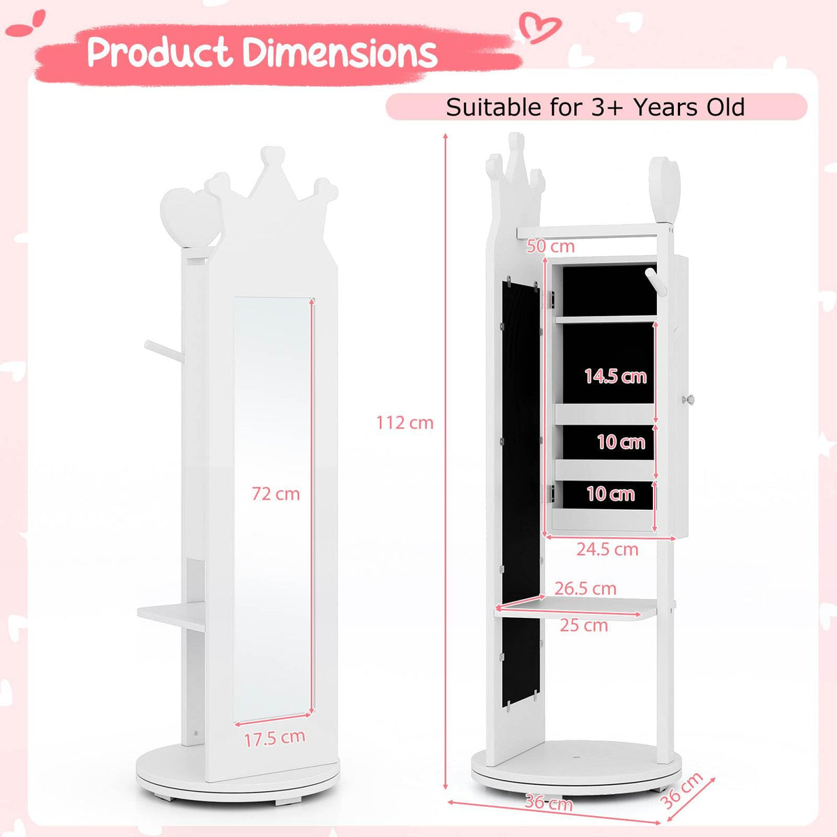 Kids Jewelry Cabinet 360-degree Rotating with Mirror and Clothes Rack