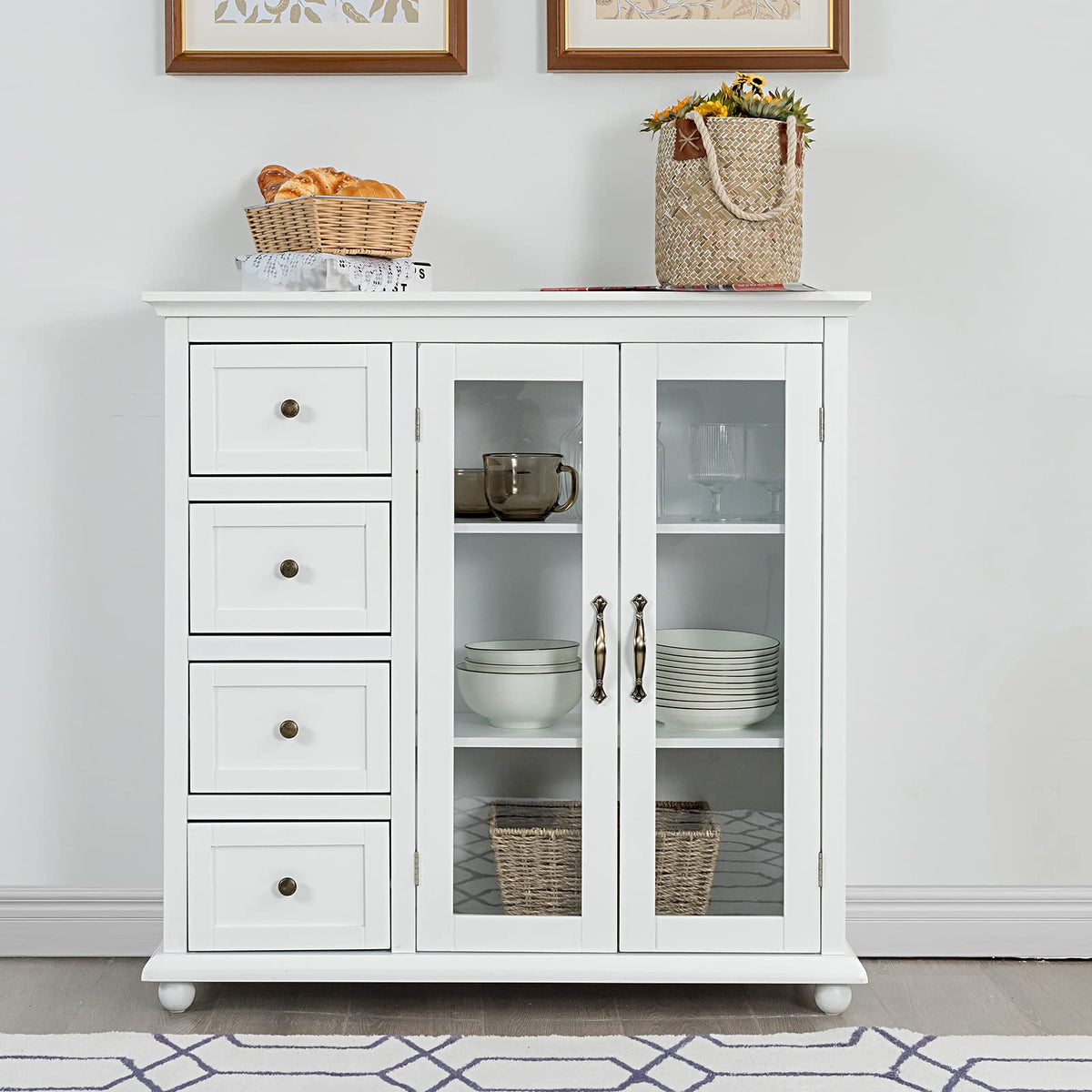Giantex Buffet Sideboard, Kitchen Storage Cabinet w/ Clear Glass Doors, Dining Storage Sever (White)