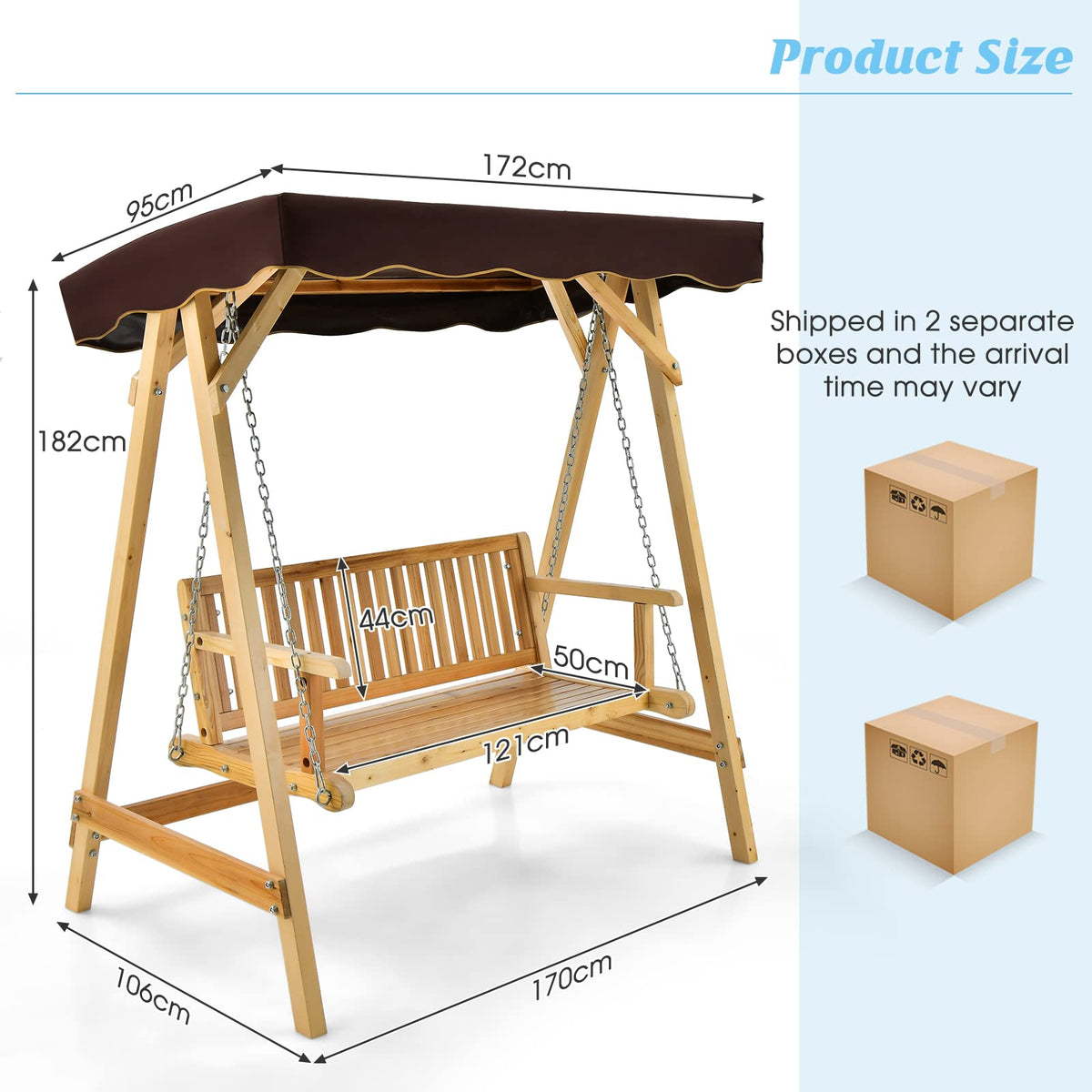 Wooden Garden Swing Chair, 2 Person Canopy Swing w/Weather-Resistant Canopy