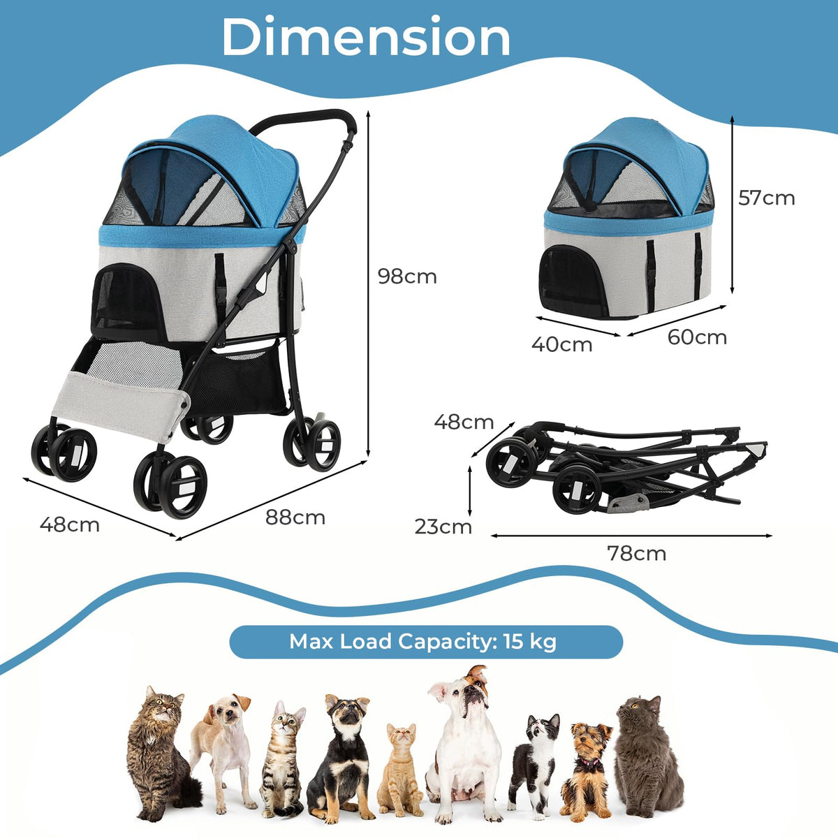 3-In-1 Pet Stroller with Removable Car Seat Carrier, Foldable Dog Cat Stroller