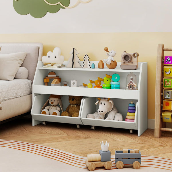 Kids Toy Storage Box, Children Wooden Bookcase with 2 Movable Drawers