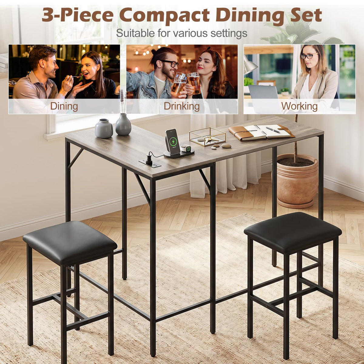 Giantex 3-Piece Bar Table & Chair Set, Convertible L-Shaped Table