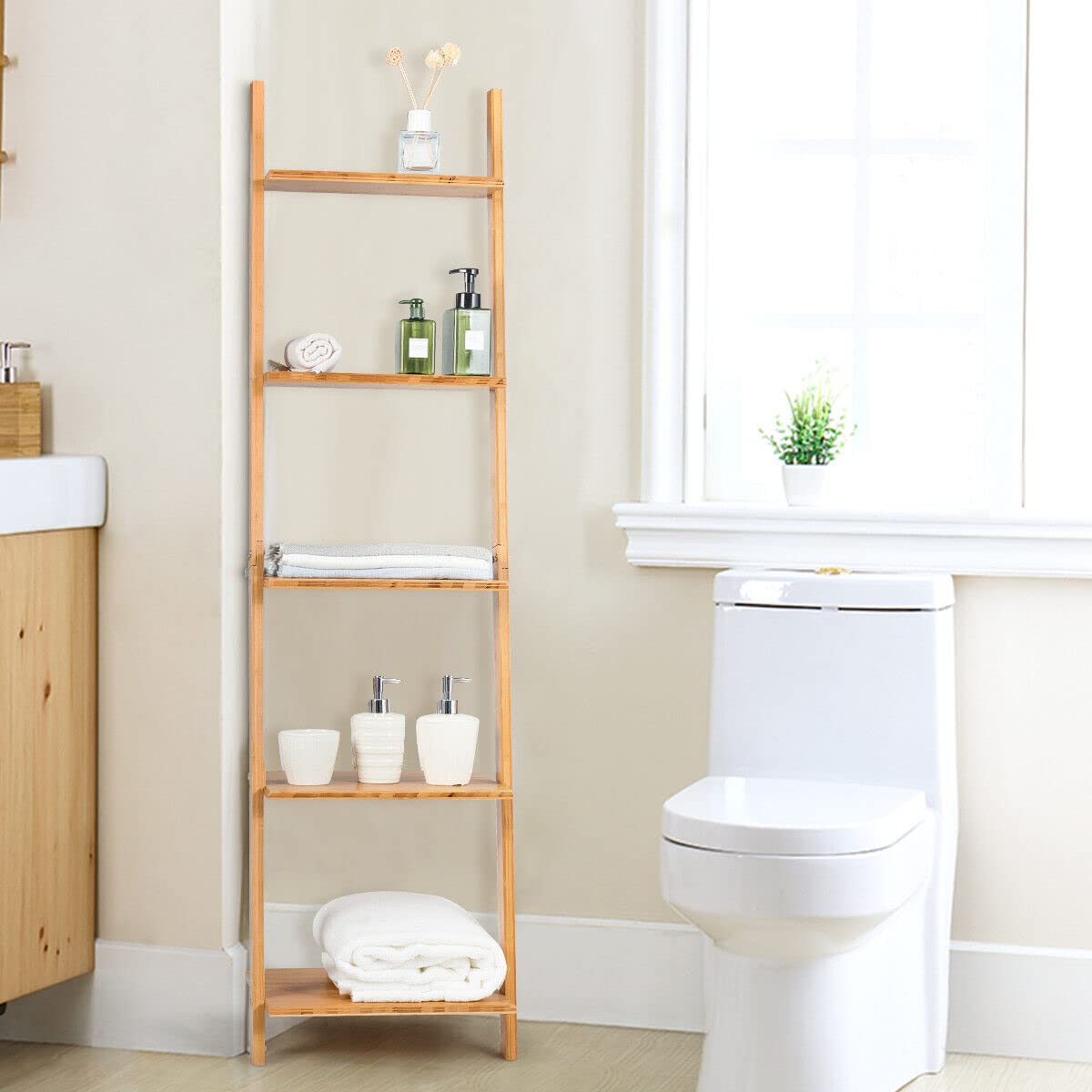 Giantex Ladder Shelf, 5-Tier Bamboo Storage Display Rack, Plant Stand Bookshelf, Wall Shelf for Living Room Kitchen, Leaning Against The Wall, Natural