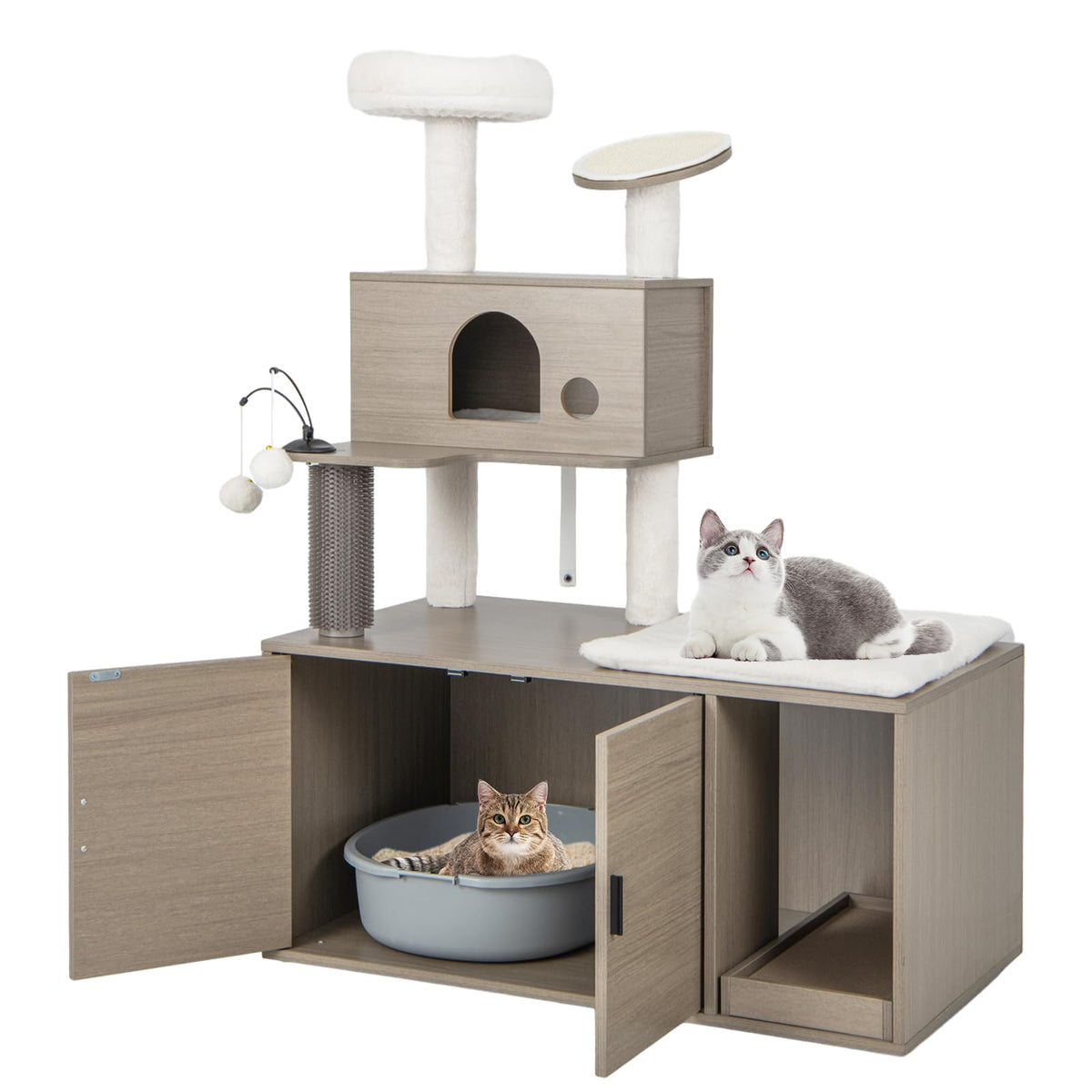 2 in 1 Cat Tree with Litter Box Enclosure, Modern Cat Tower with Cat Condo, Top Perch, Scratching Board