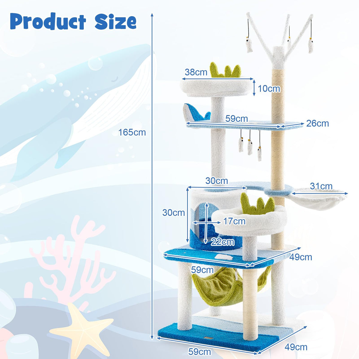 Fish Cat Tree Ocean-Themed Cat Tree, Multi-Level Cat Tower w/Sisal Covered Scratchin ...